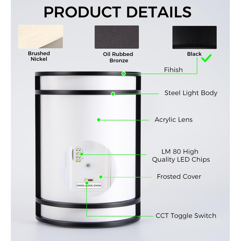 CLOUDY BAY LED 3 Color Wall Sconce,Wall Lighting,3000K/4000K/5000K Color Temperature