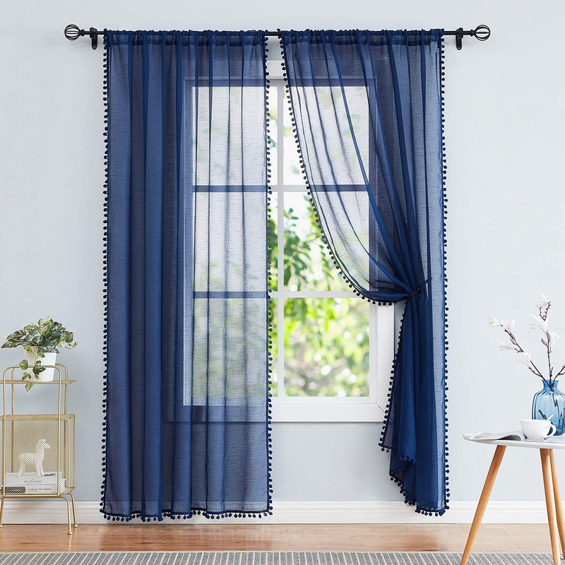 Pom-Pom Blue Sheer Curtains for Bedroom 63" Window Drapes Rod