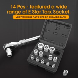 FIFIBANG 14-Piece E-Torx Socket Set External Torx Socket Set E4, E5, E6, E7, E8, E10, E11, E12, E14, E16, E18, E20, E22, E24, External Torx Sockets 1/2 inch, 1/4 inch, 3/8 inch (Black)