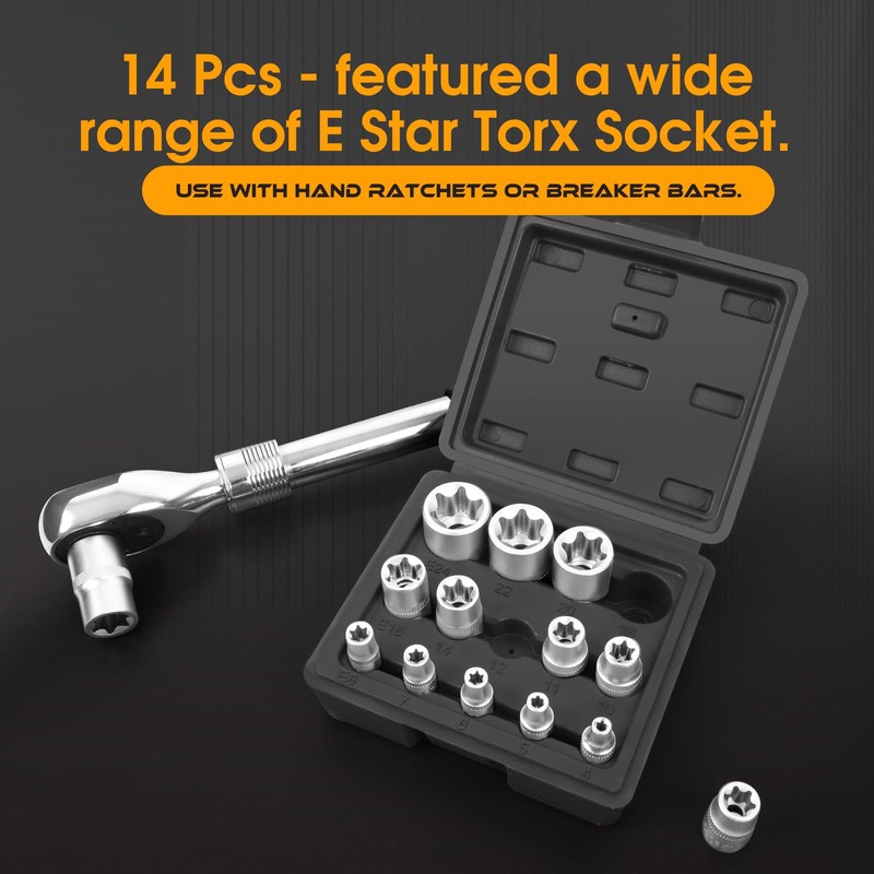 FIFIBANG 14-Piece E-Torx Socket Set External Torx Socket Set E4,