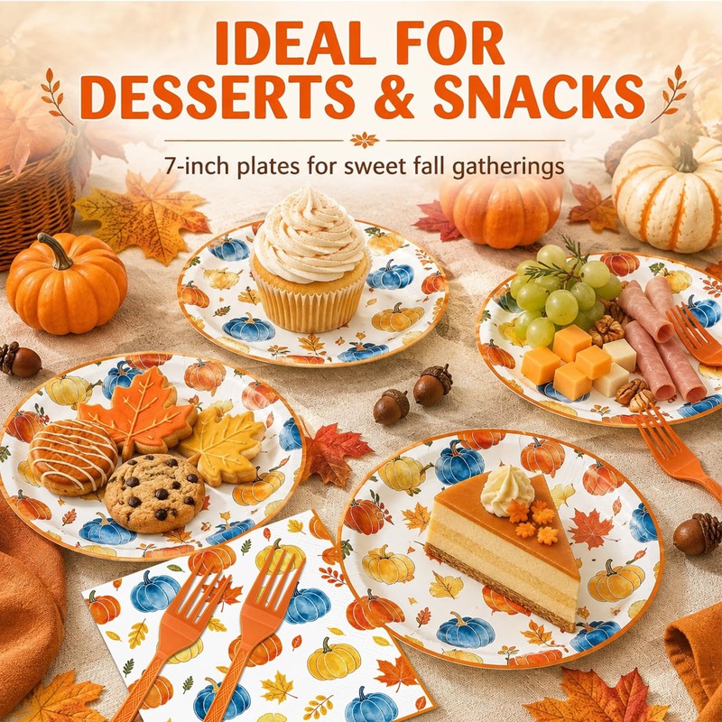 72Pcs Fall Paper Plates and Napkins Set, Autumn Pumpkin Dessert