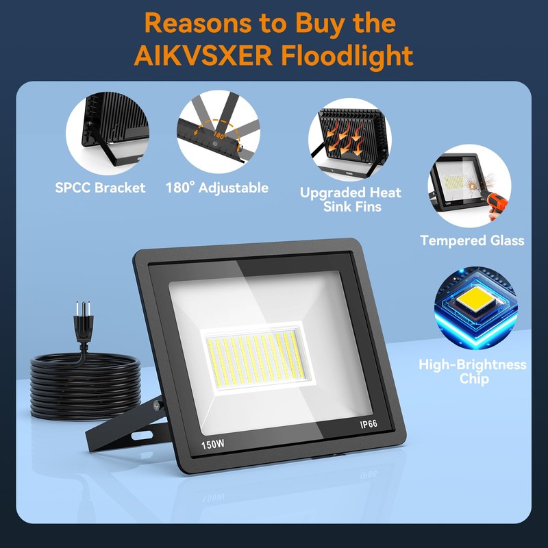 AIKVSXER 150W Flood Lights Outdoor, 21000lm Bright LED Work Light