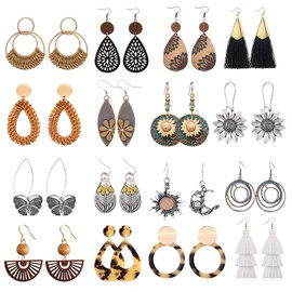 LANTAI 16 Pairs Vintage Boho Earrings for Women Geometric Wooden Drop Earrings-Acrylic Rattan Statement Earrings for Summer Beach Vacation Tassel Earrings