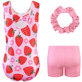 HOZIY Gymnastics Outfits for Girls Strawberry Pink Sparkly Dance Sleeveless Unitards Biketards Shorts Bottoms with Hair Band Activewear Size 9-10