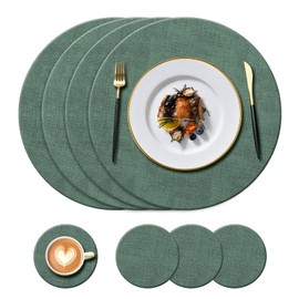KERYCHIN Round Washable Leather Place mats(34cm) and Coasters(10cm) Set, Heat Resistant 212 °F, Non-Slip and Waterproof, Easy to Clean for Restaurant, Dining Room, Kitchen, Hotel, 8 Pieces, (Green)