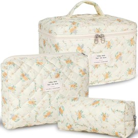 TOPALL Makeup Bag,Cosmetic Bag,Floral Cotton Quilted Makeup Bag,Classic Toiletry Bag,Cosmetic Pouch,Makeup Bag for Women Girls,Orange Flower