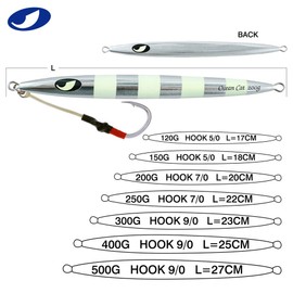 OCEAN CAT Fast Slow Metal Lead Jig Jigging Fishing Lures Glow Saltwater Offshore Fishing Jigs Speed Jigging Slow Jigging Pitching Lures Vertical Jigging Assist Hooks (#014: Silver, 500g)