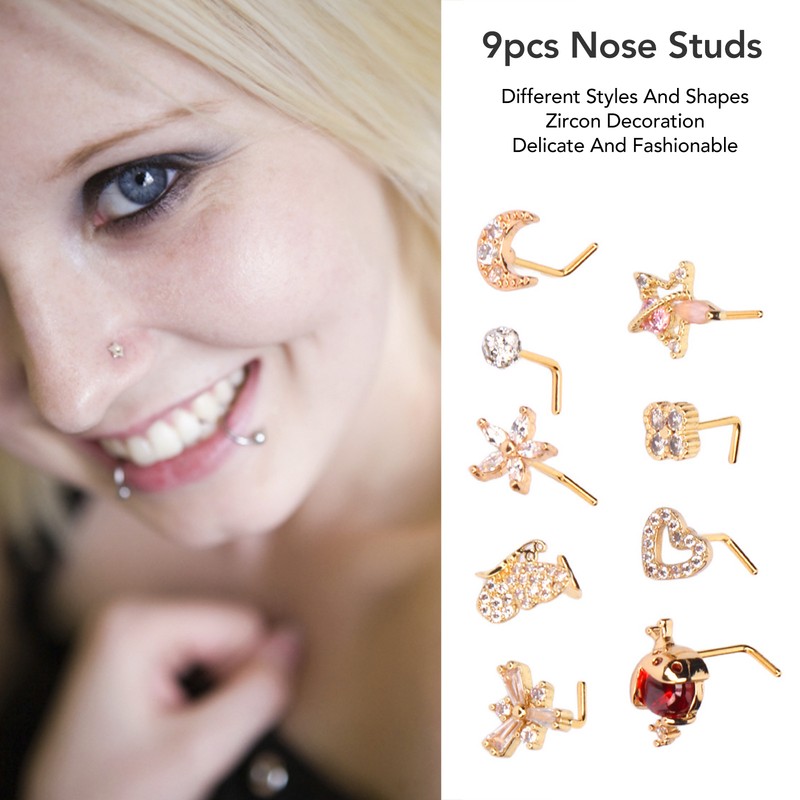 9pcs Nose Studs Set Golden Stainless Steel L Shape Shiny