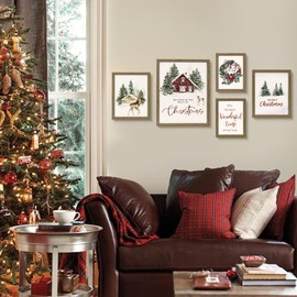 ArtbyHannah Christmas Wall Art, Framed Wall Art with Christmas Winter Forest Decorative Prints, 5 Pack Christmas Gallery Wall Art Set for Living Room, Bedroom as Christmas Decorations or Gifts