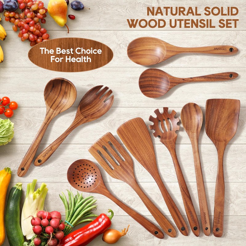 Wooden Spoons for Cooking, 10PCS Teak Wood Cookware Utensil Set