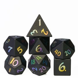 Stone Dice Set for Dungeons & Dragons DND (Obsidian Rainbow Numbers Stone)