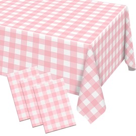 Auch 3 Packs Pink Gingham Tablecloth Pink and White Checkered Tablecloths 54 x 108 Inches Disposable Plastic Gingham Tablecovers Waterproof Rectangle Picnic Table Covers for Birthday Party Supplies