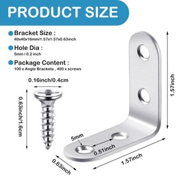 Pelopy 100 Pcs L Shaped Bracket Corner Brace Stainless Steel 90 Degree Corner Brace Heavy Duty Right Angle Bracket for Wood Furniture Chair Drawer Cabinet with Screws (1.57 x 1.57 Inch)