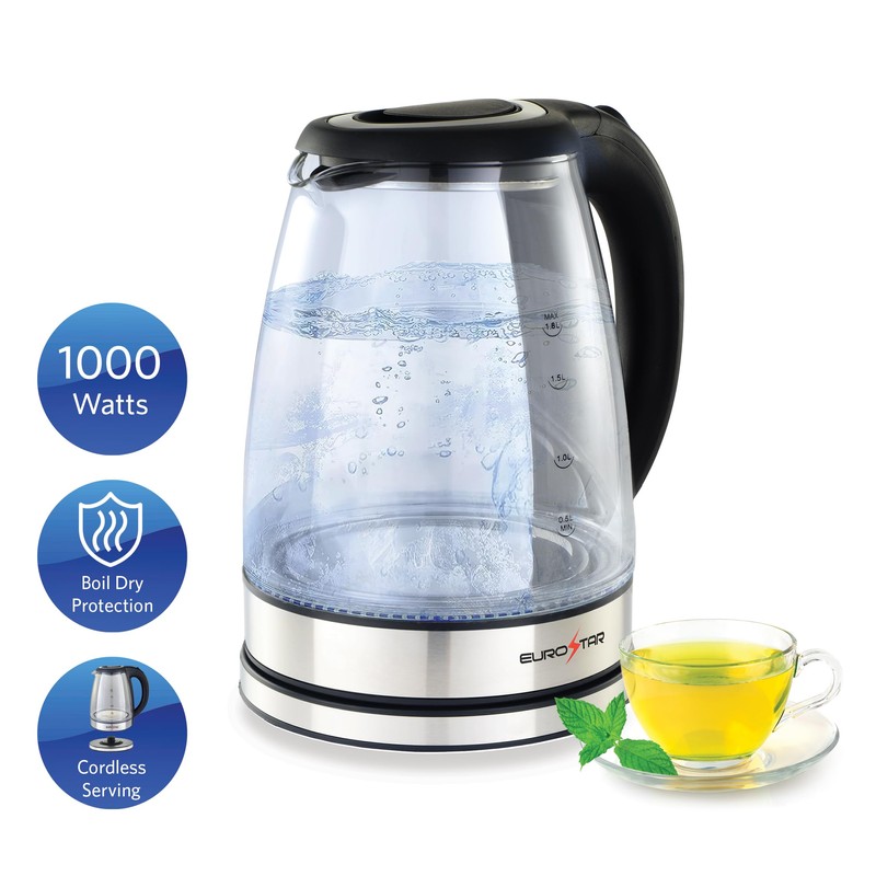 EUROSTAR EKG1808BK 1.8L Glass Electric Kettle,Black