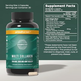Primal Harvest 2 Pack, Multi Collagen Pills for Women and Men (Type I, II, III, V, X) Collagen Supplements for Women and Men, 120 Capsules w/Vitamin C