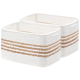 UBBCARE 2 Pack Baskets for Organizing, Woven Storage Baskets for Toys and Towel, Rectangle Cotton Rope Basket with Handles, 14''L x 8''W x9''H, White