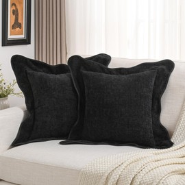 FUTEI Black Chenille Throw Pillow Covers 16x16 Inch Set of 2,Double Stitch Scalloped Bordered Soft Square Cushion Case,Home Decor for Couch,Bed,Living Room