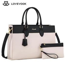 LOVEVOOK Christmas Laptop Tote Bag，with Fashionable Texture and Waterproof Leather,Modern Minimalist Design, Perfect for Daily Use by Doctors, Nurses, Teachers, and Professional Women for Travel and Commuting, Gift for Christmas - Color: Beige-Black, siz