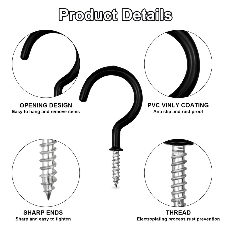 TAOBWN 20pcs Black Carbon Steel Multipurpose Screw in Hooks, 2.9
