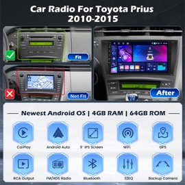 [4+64G] Hikity Android 15 Car Stereo for Toyota Prius 2010-20157 with Wireless Carplay Android Auto, 9'' IPS Touch Screen Radio Bluetooth Mirror Link GPS WiFi SWC AI DSP/FM/RDS/32EQ Backup Cam+Mic