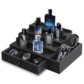 Cologne Stand Organizer for Men, 4 Tier Cologne Display Shelf with Velvet Lining Drawer and Compartments for Watch, Jewelry, Perfume Display Risers for Cologne, Great Gift for Father