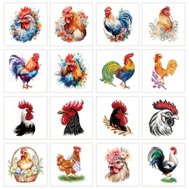 16 Sheets Rooster Temporary Tattoos. Watercolour Colourful Poultry Art.