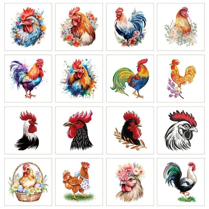 16 Sheets Rooster Temporary Tattoos. Watercolour Colourful Poultry Art.