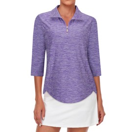 Tanst Sky Workout Shirts for Women, Women's Golf Tops Quarter Zip Collared 3/4 Sleeve Colorful Print Moisture Wicking UPF 50 Polo Ladies Hiking Tennis Running Athletic Sweatshirt Purple X-Large