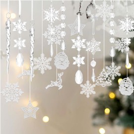 WJccsee 30 PCS Christmas Tree Ornaments Set -10 Elegant Acrylic Crystal Snowflake and Icicle Drop Decorations with 20 Paper Christmas Snowflake ornamentsPerfect for Holiday and New Year Decorations