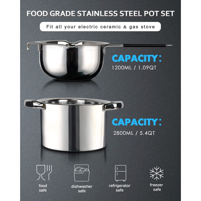 Double Boiler Pot Set,1200ML Double Boiler for Chocolate Melting, 2800ML