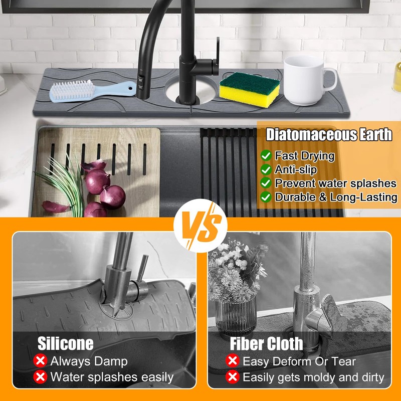 2-Pack Faucet Mat for Kitchen Sink, Diatomite Stone Mat, Quick