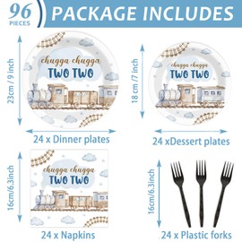 96Pcs Chugga Chugga Two Two Birthday Party Supplies Watercolor Train 2nd Year Old Paper Plates and Napkins Choo Choo I'm 2 Tableware Disposable Dessert Dinnerware Set for Birthday Decor for 24 Guests