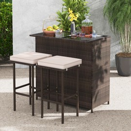 RELAX4FLIE 3-Piece Outdoor Bar Set - PE Rattan Wicker Bar Table and Stools with Removable Cushions, Tempered Glass Top & 2 Storage Shelves for Porch, Backyard, Garden, Poolside
