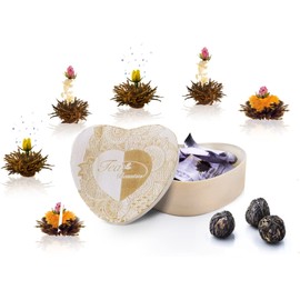 Creano Blooming Tea 6 Tea Flowers Gift Set Black Tea in Wooden Heart Box