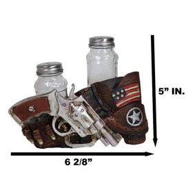 Ebros Gift Rustic Western Cowboy Revolver Pistol Gun Faux Leather Holster Strap With Star And Flag Salt And Pepper Glass Shakers Holder Set Decorative Figurine