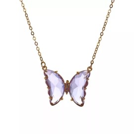 ZARD Butterfly Charm Purple Cubic Zirconia Necklace in 14K Gold Finish