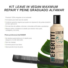 Leave In Vegan Maximum Repair con queratina vegana + peine graduado ALFAMAR, macadamia y aceites naturales que reparan, hidratan y fortalecen el cabello sin enjuague