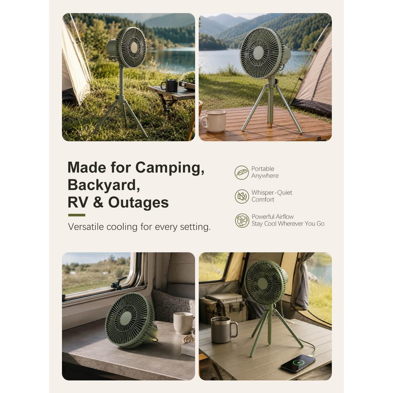 Camping Fan, 10000mAh Rechargeable Tent Fan with Remote Control