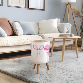 Trash Can with Lid Pink bow coquette y2k aesthetic ribbon elegant accessory pastel tie Press Cover Round Small Garbage Bin with Wooden Legs Waste Basket for Girls Bedroom Nursery 7L/1.8 Gallon