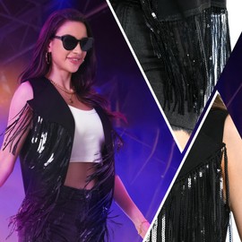 Fringe Vest，60s 70s Outfits for Women Cowgirl Vest Tassel Sleeveless Hippie Costume Western Vest Faux Suede Outfits.