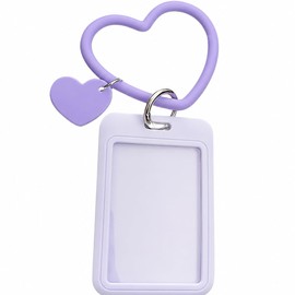 Photocard Holder with Keychain 3 Inch Photo Card Holder Sliding ID Badge Holder Hard Purple Vertical Plastic Card Case with Silicone Heart Keychain for Kpop Photocard Holder and Card Storage