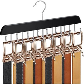 2 Pack Belt Hangers, Natural Wooden Belt Organizer for Closet, 360 °   Rotating Tie & Belt Racks for Storage with 14 Hooks, Sturdy Belt Holder Space Saver for Belt, Tie, Bra, Scarf, Tank Top - Color: Black, Item Packa: 1