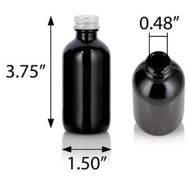 JUVITUS 2 oz Black Glass Luxury Boston Round Bottle with Silver Metal Screw On Caps + Funnel (24)