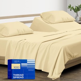 THREAD SPREAD 100% Pure Egyptian Cotton Split King Sheets Sets for Adjustable Bed - 1000 Thread Count 5 PC Top Split King Sheet for Sleep Number Bed, Soft Cooling Sheets, Fits Mattress upto 18" - Sand