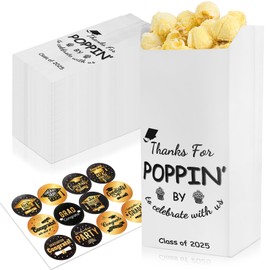 100 Pcs Class of 2025 Graduation Popcorn Bags with Stickers Thanks for Popping by Popcorn Bags to Celebrate Smile Style Grease Resistant Snack Treat Paper Individual Servings for Party Favors(Black)
