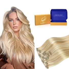 Worldstar Seamless Clip in Hair Extensions Human Hair #27P613 Caramel Blonde Highlighted Platinum Blonde 18Inch 130g 6Pcs,Real Soft Women Invisible Natural Vertical Clips Hair（EN#27P613-18）