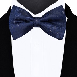 GUSLESON Navy Blue Bow Tie and Pocket Square Set for Men Floral Pre-Tied Bowties Cufflinks for Wedding (0493-03)