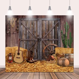 Canessioa 10x8ft Western Party Backdrop Rustic Wooden Barn House Western Cowboy Party Decoration Supply Wild West Decor Barn Photo Background for Kids Children Boy Baby Photo Birthday Banner