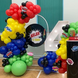 Felice Arts Superhero Theme Balloons Garland Kit with Red Yellow Blue Green Black Balloons for Kids Avenger Iron Spide Man Birthday Party Favor Supplies