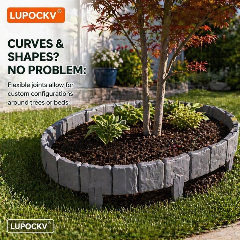 Faux Stone Garden Fence, Grey, Plastic Interlocking Decorative Frame for